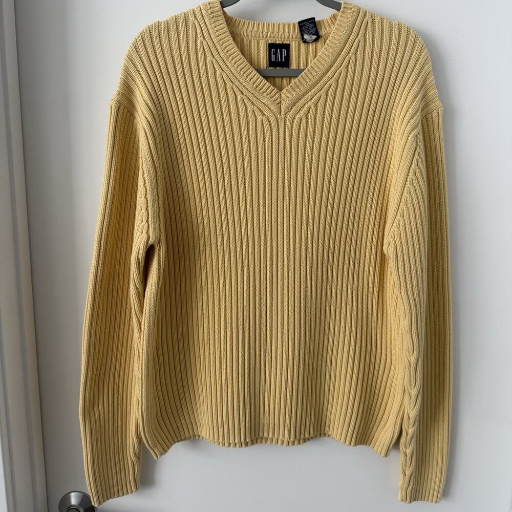 Vintage 90s GAP Buttery Yellow Chunky Rib Knit V Neck Pullover Sweater Unisex XL